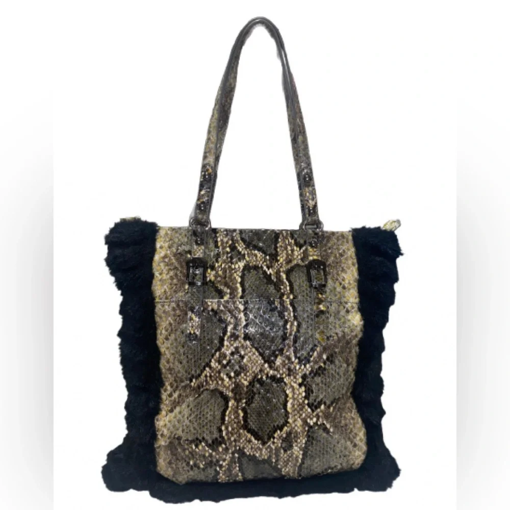Sharif Skakeskin / Croc Embossed Tote Bag with Black Fur Trim